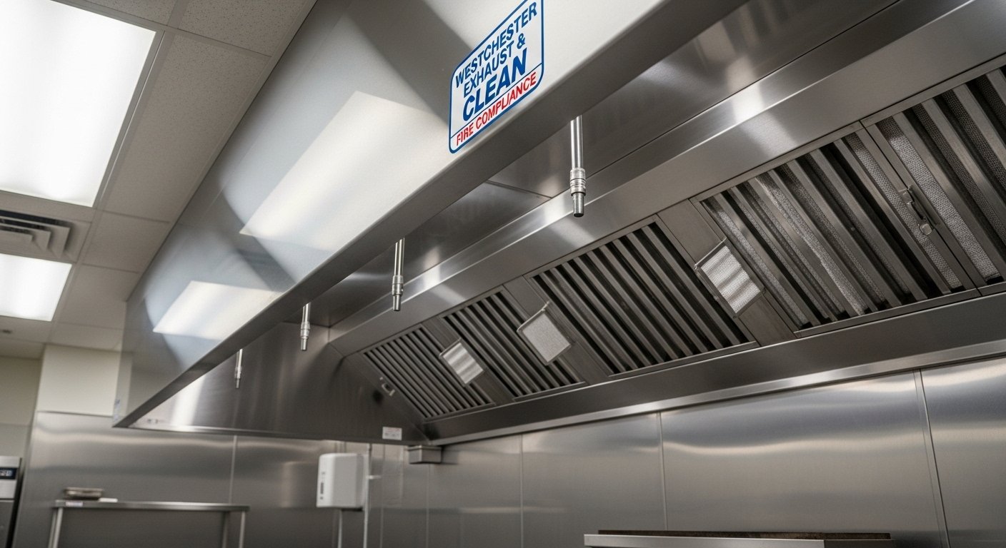 Technician cleaning a kitchen exhaust system in a commercial kitchen