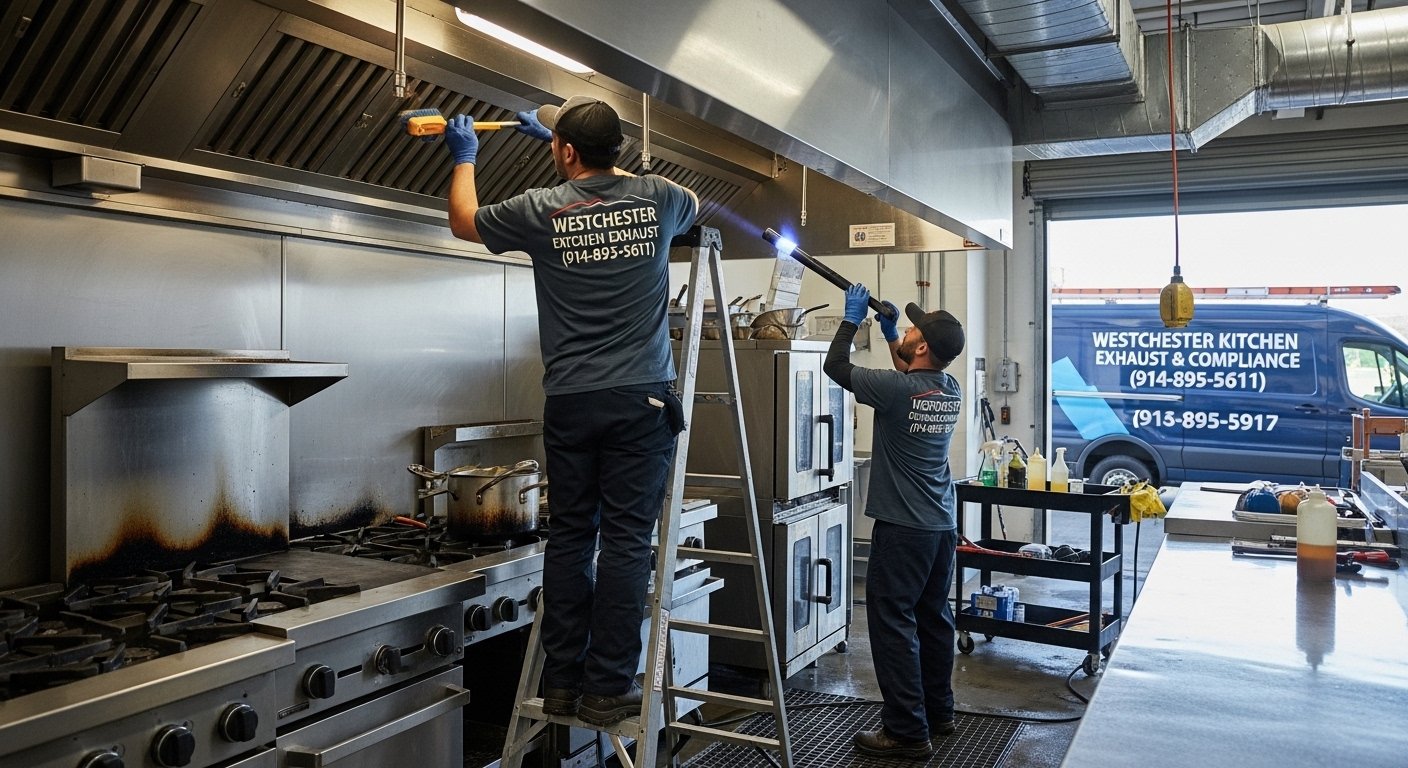 Crew standing in a commercial kitchen ready for hood cleaning service