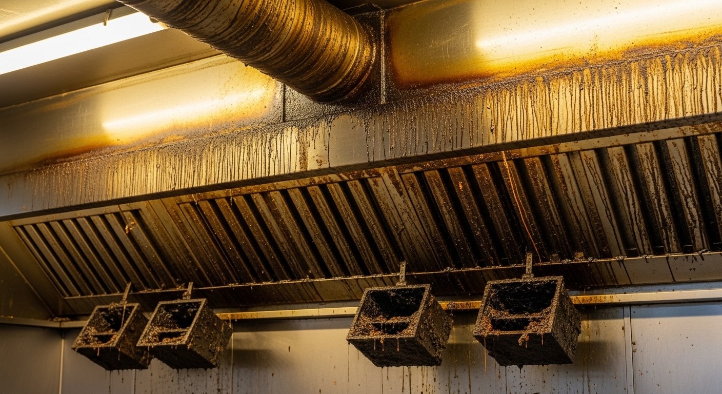 Commercial kitchen exhaust system showing service conditions for kitchen exhaust system cleaning