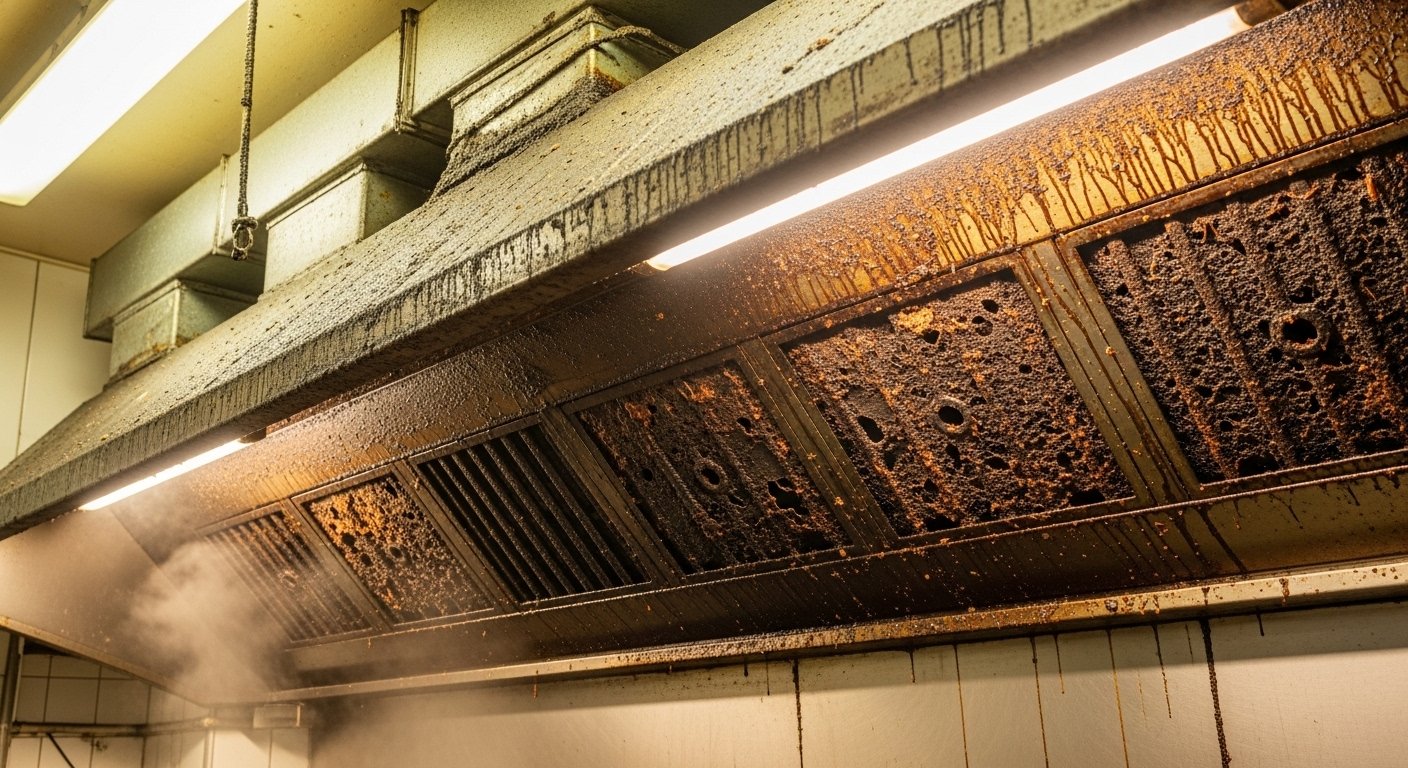 Commercial kitchen exhaust system showing service conditions for fire suppression system inspection support