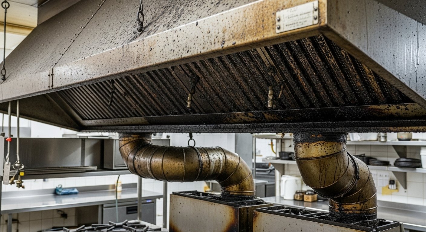 Commercial kitchen exhaust system showing service conditions for grease duct cleaning