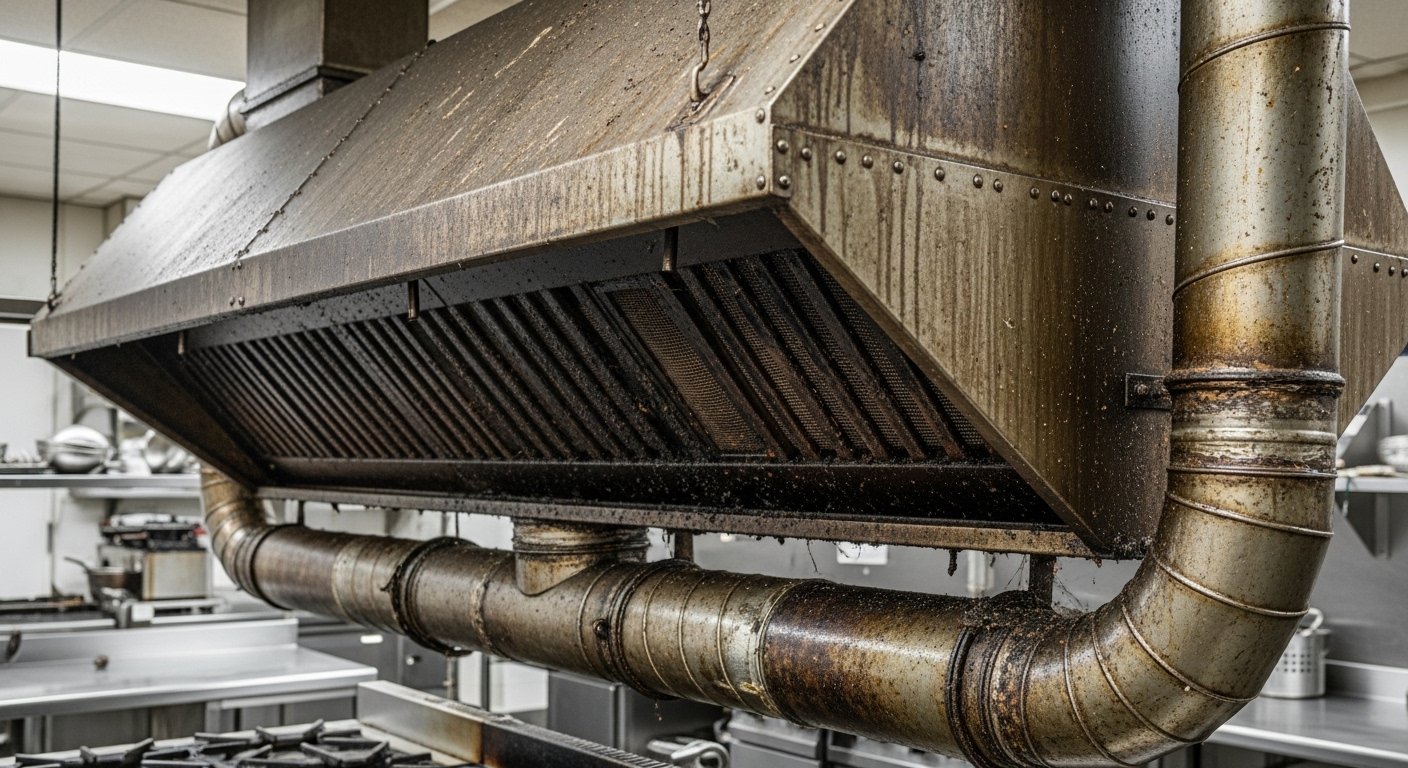 Commercial kitchen exhaust system showing service conditions for hood filter exchange service