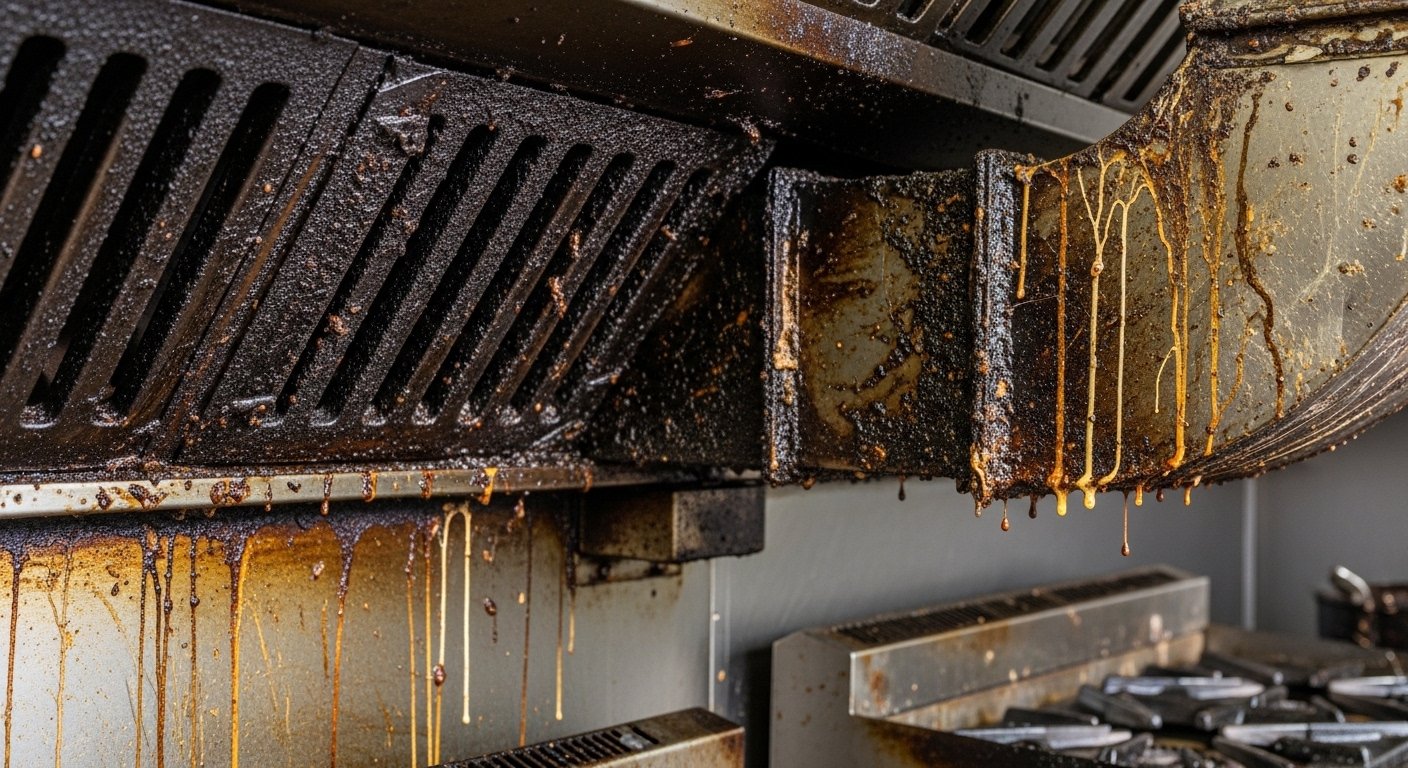 Commercial kitchen exhaust system showing service conditions for emergency hood cleaning after failed inspection