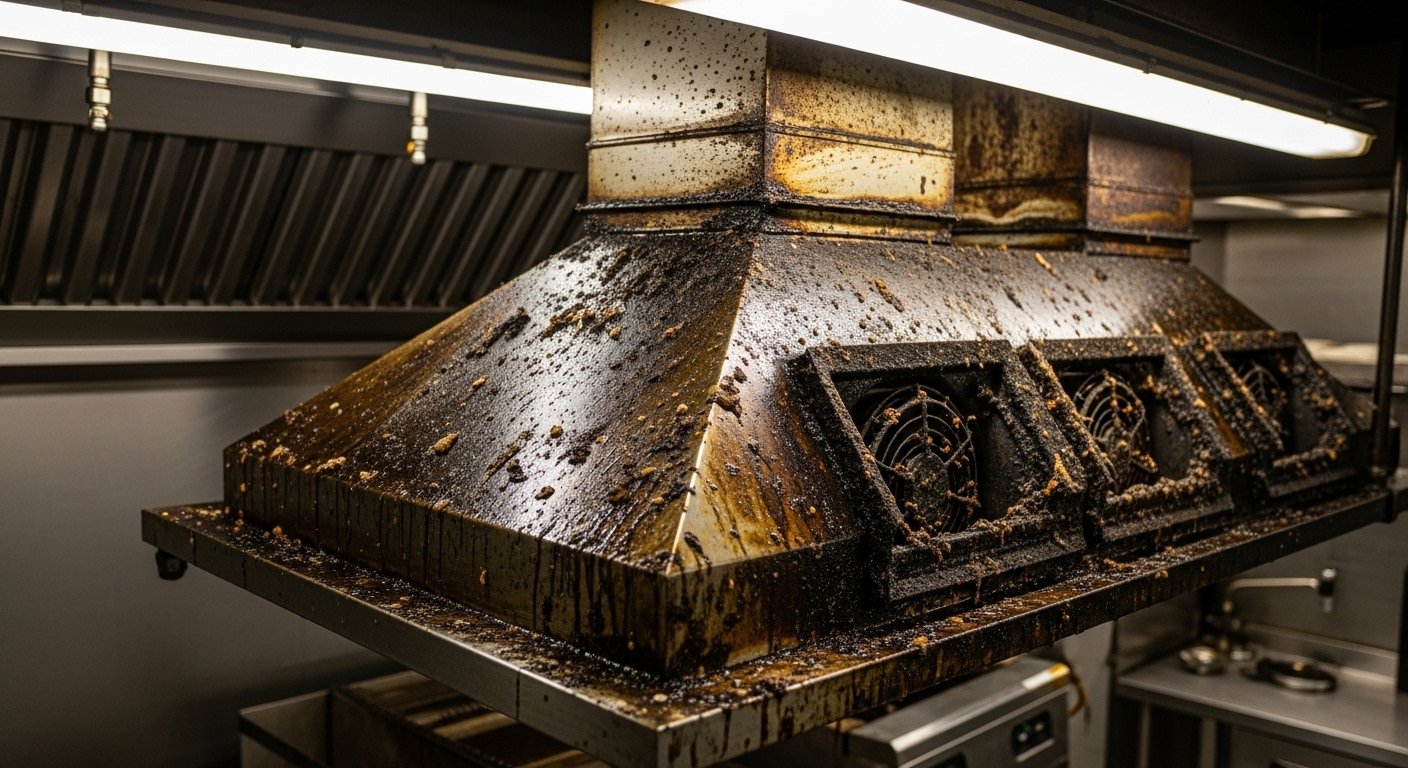 Commercial kitchen exhaust system showing service conditions for urgent kitchen exhaust cleaning