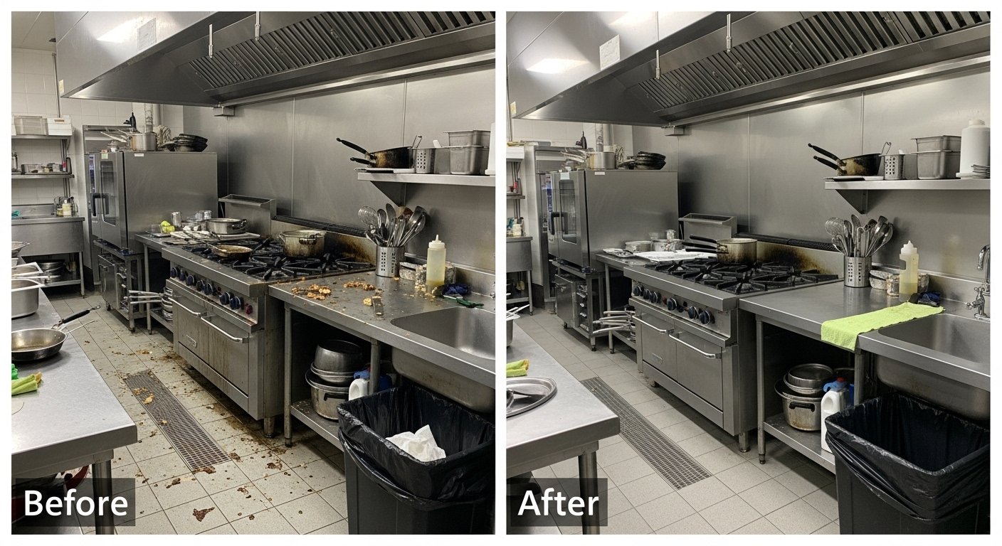 Grease-heavy commercial hood system being inspected for service needs