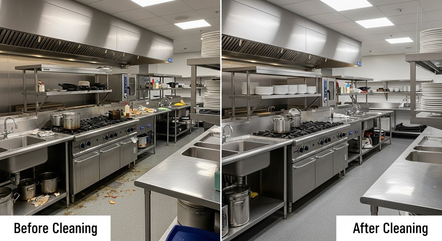 Liability for Grease Fire Damage article image showing commercial kitchen compliance and cleaning