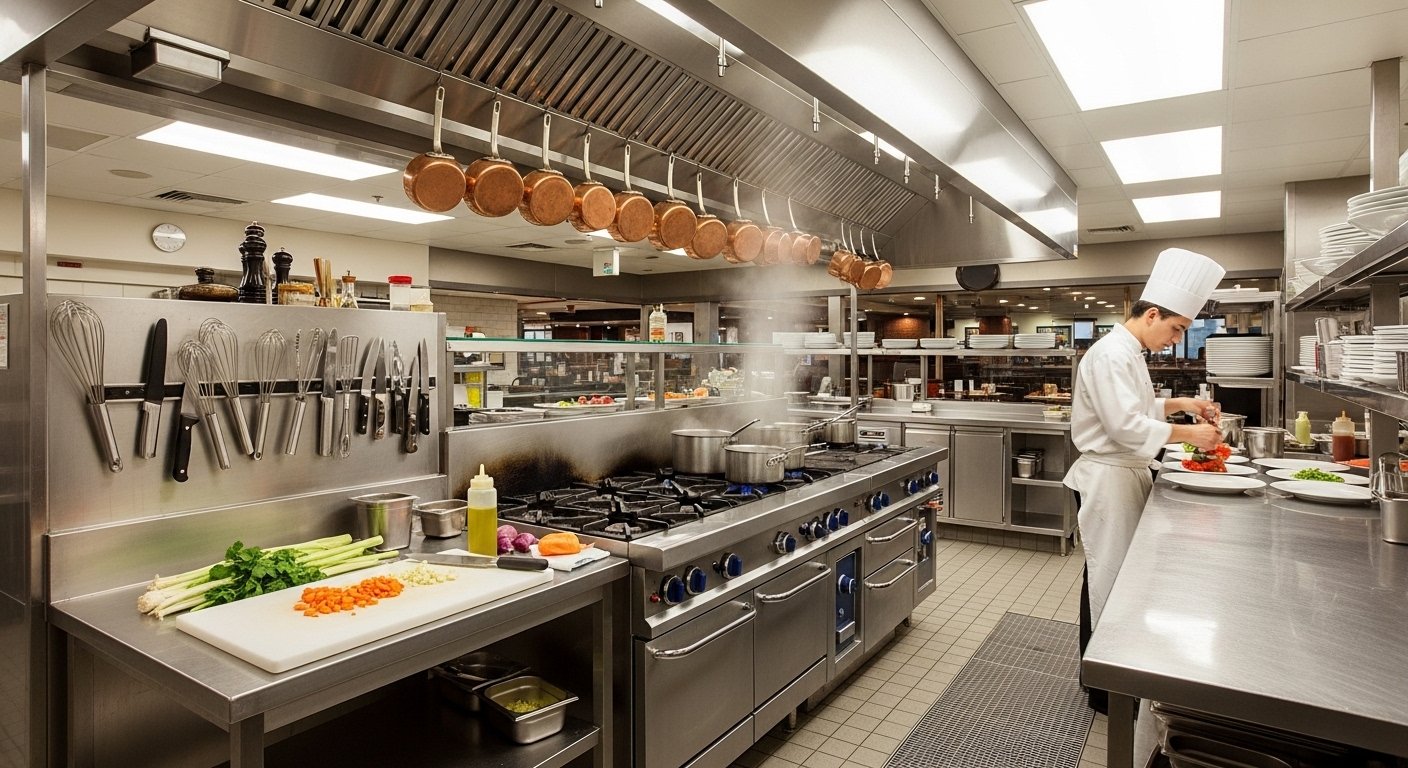 Commercial kitchen hood cleaning crew working in a restaurant kitchen